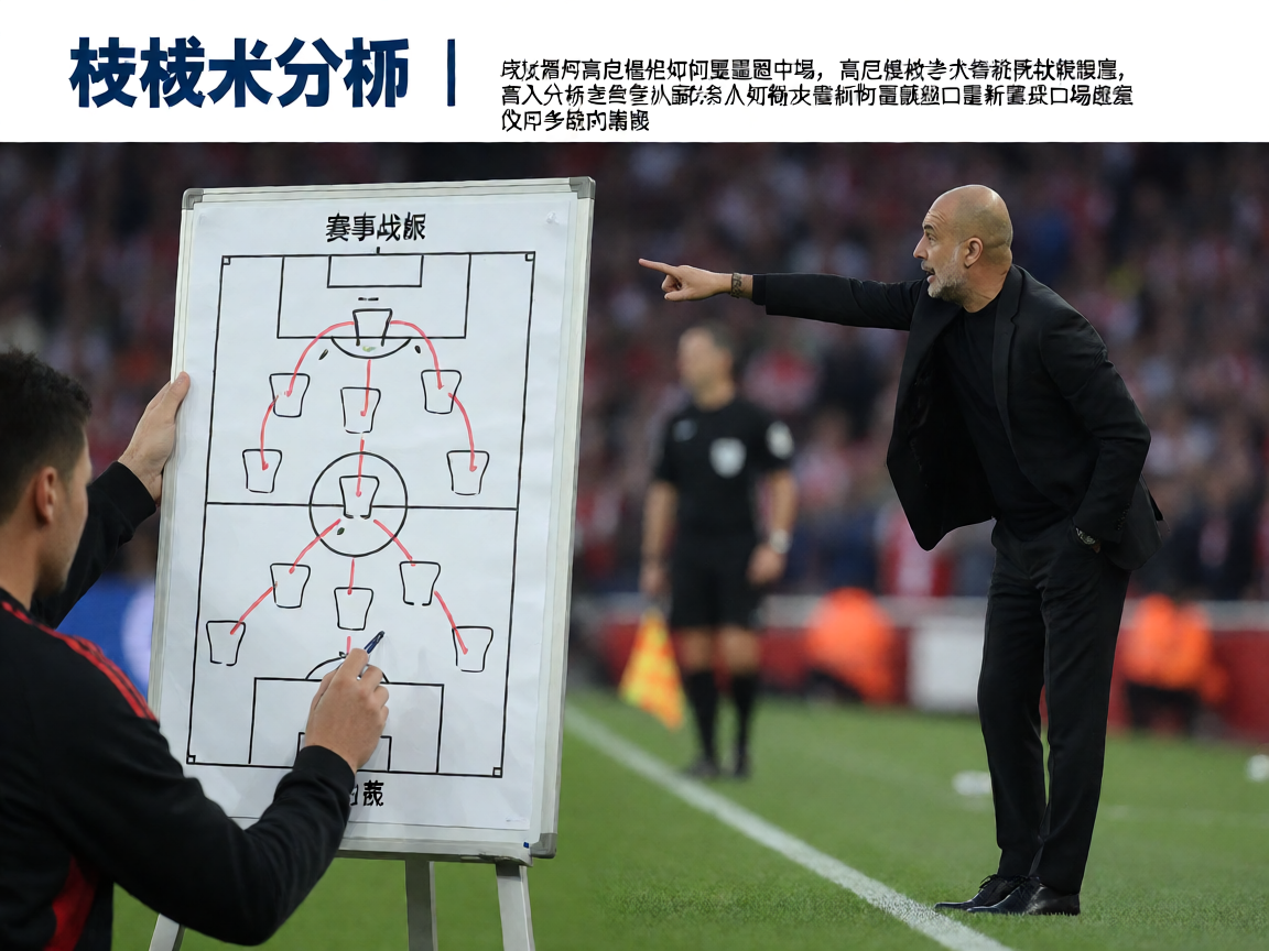 足球战术分析图表，教练在场边指挥比赛，战术板上画着跑位路线